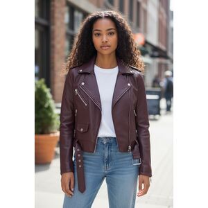 Rebecca Minkoff Aubrey Oxblood Burgundy Leather Zip Belted Bike Moto Jacket